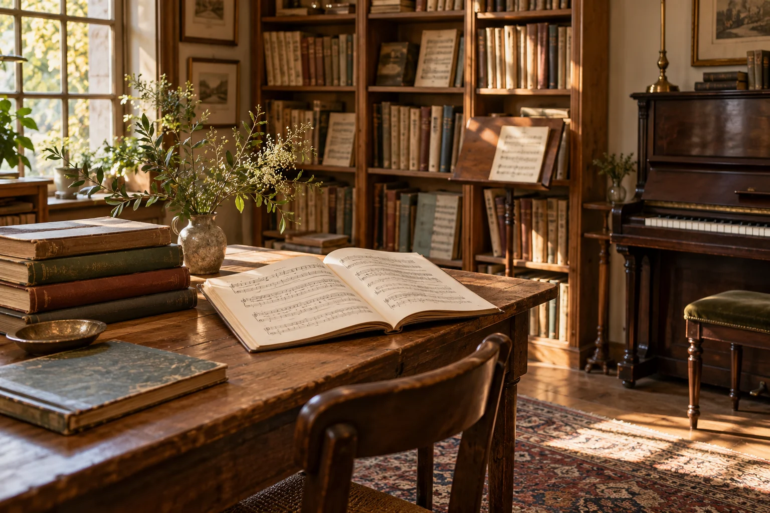 Sunlit sheet music on a wooden desk in a quiet reading room.