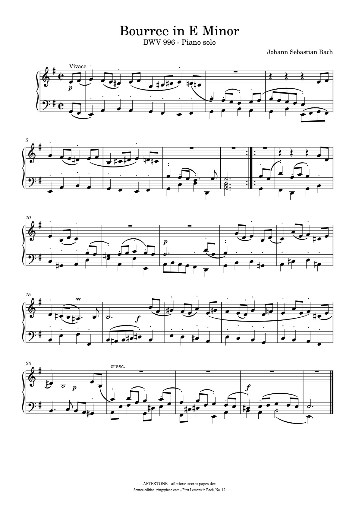 Bourree in E Minor, BWV 996 piano sheet music, page 1