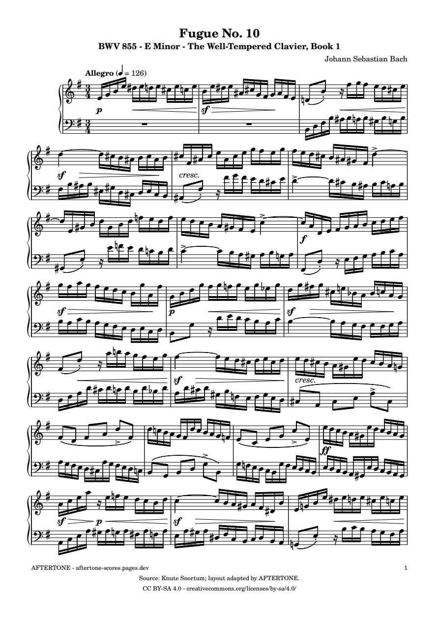 Fugue No. 10 in E Minor, BWV 855 piano sheet music, page 1