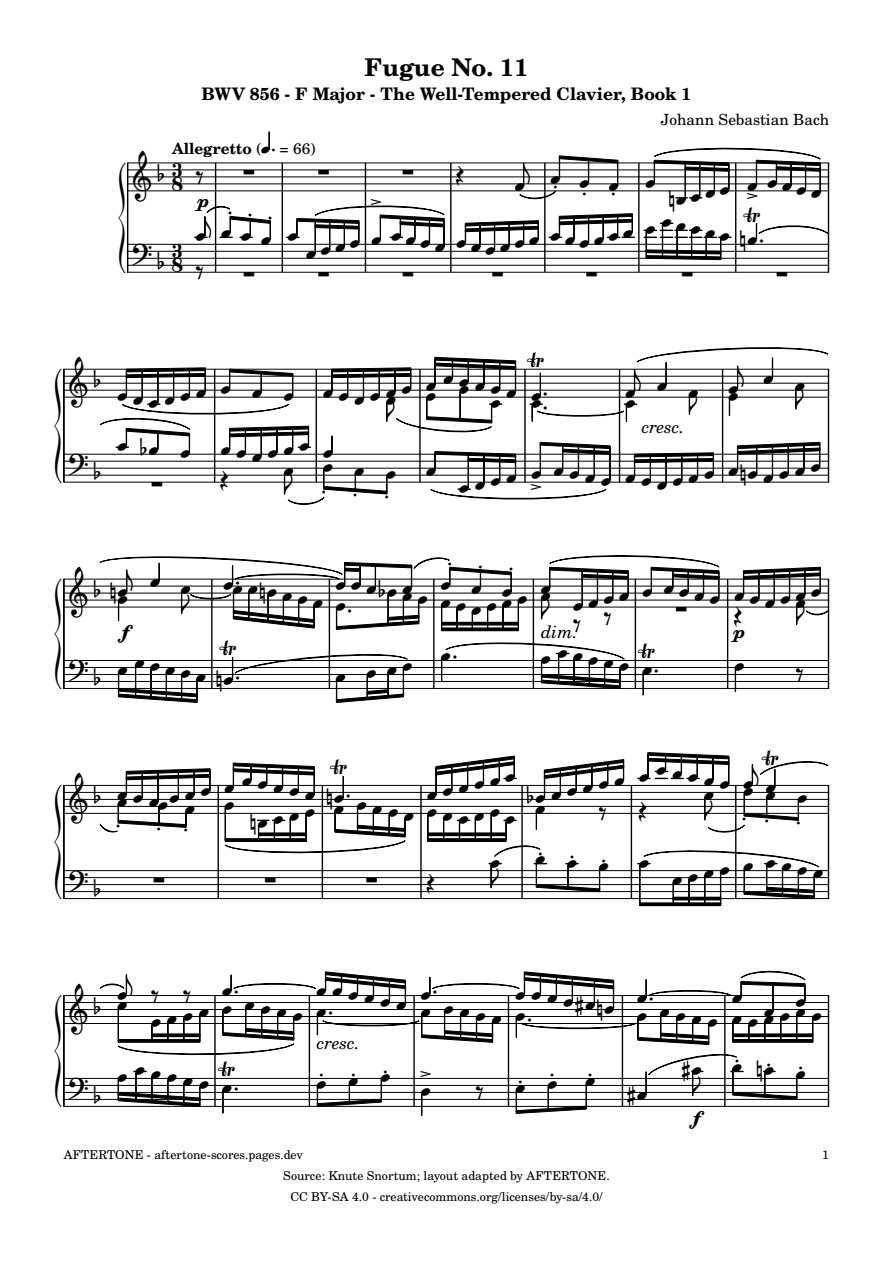 Fugue No. 11 in F Major, BWV 856 piano sheet music, page 1
