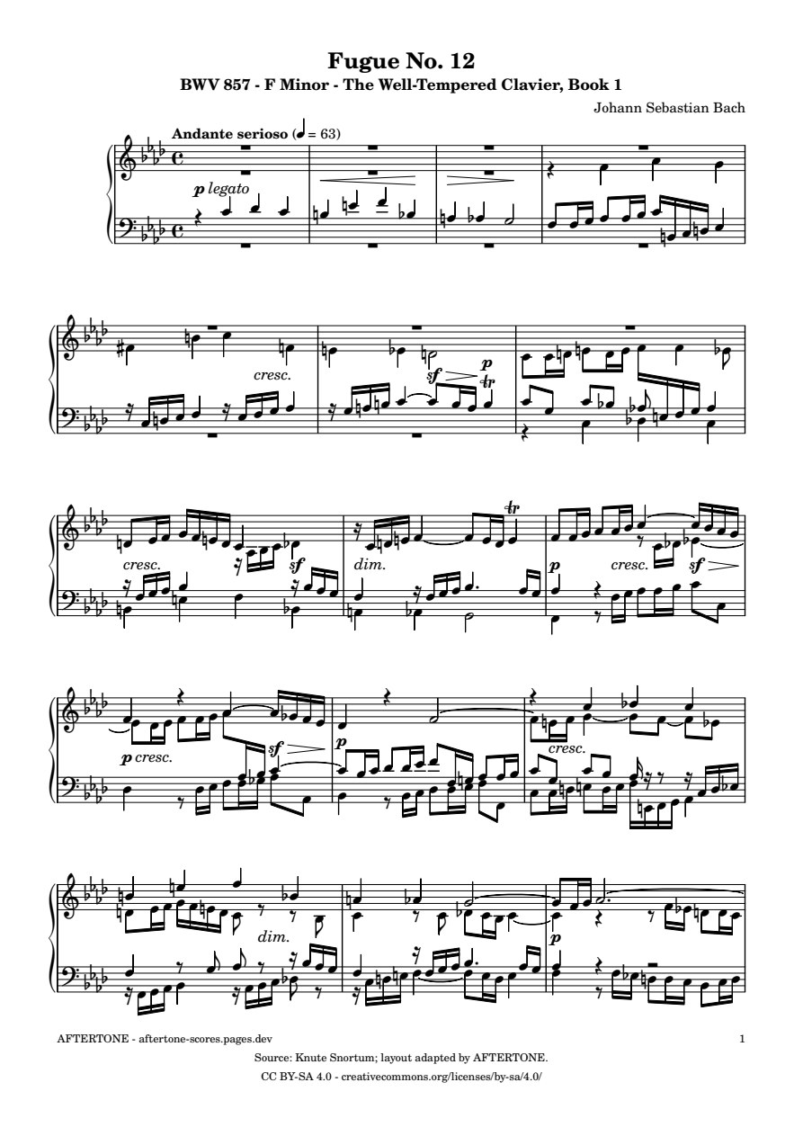 Fugue No. 12 in F Minor, BWV 857 piano sheet music, page 1