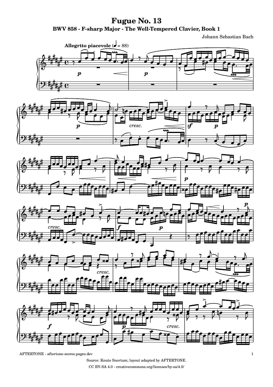 Fugue No. 13 in F-sharp Major, BWV 858 piano sheet music, page 1
