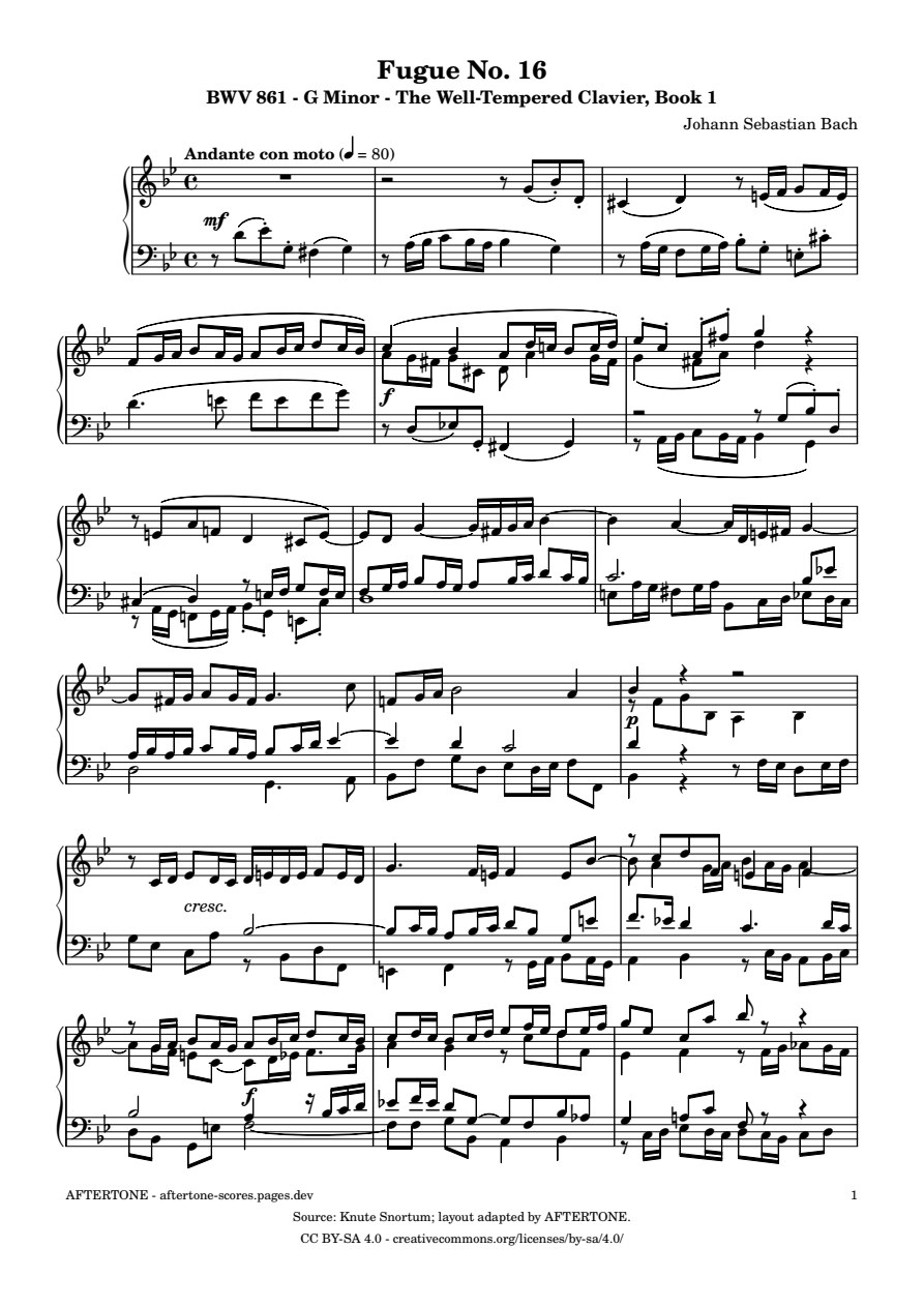 Fugue No. 16 in G Minor, BWV 861 piano sheet music, page 1