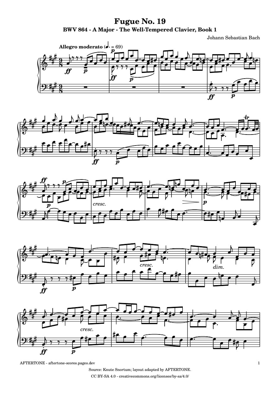 Fugue No. 19 in A Major, BWV 864 piano sheet music, page 1