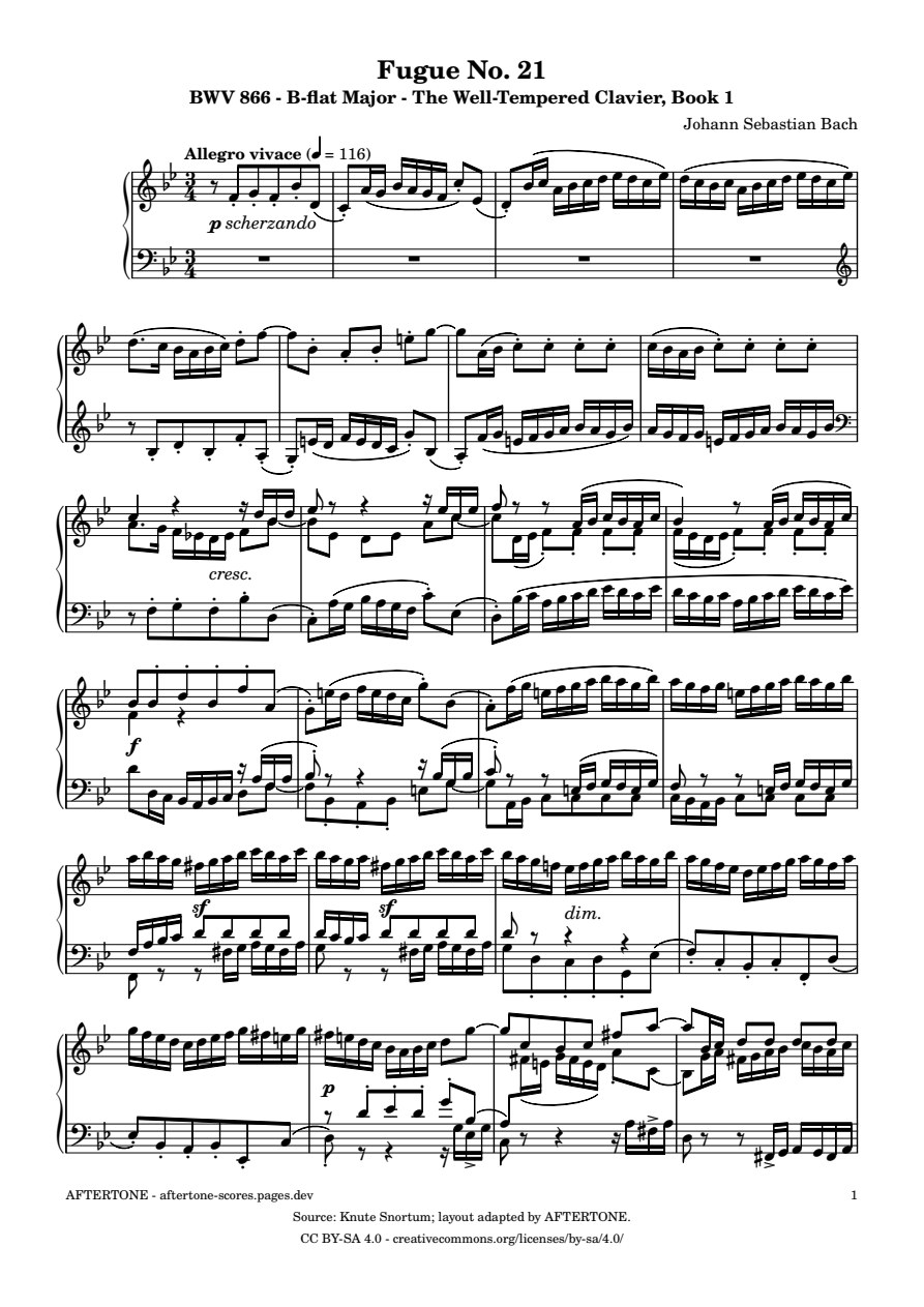 Fugue No. 21 in B-flat Major, BWV 866 piano sheet music, page 1