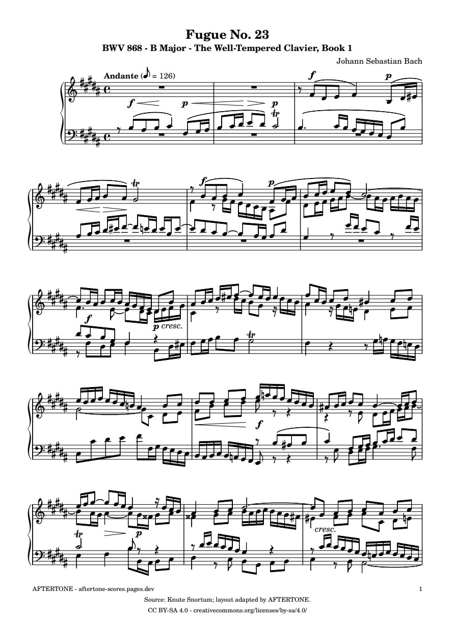 Fugue No. 23 in B Major, BWV 868 piano sheet music, page 1