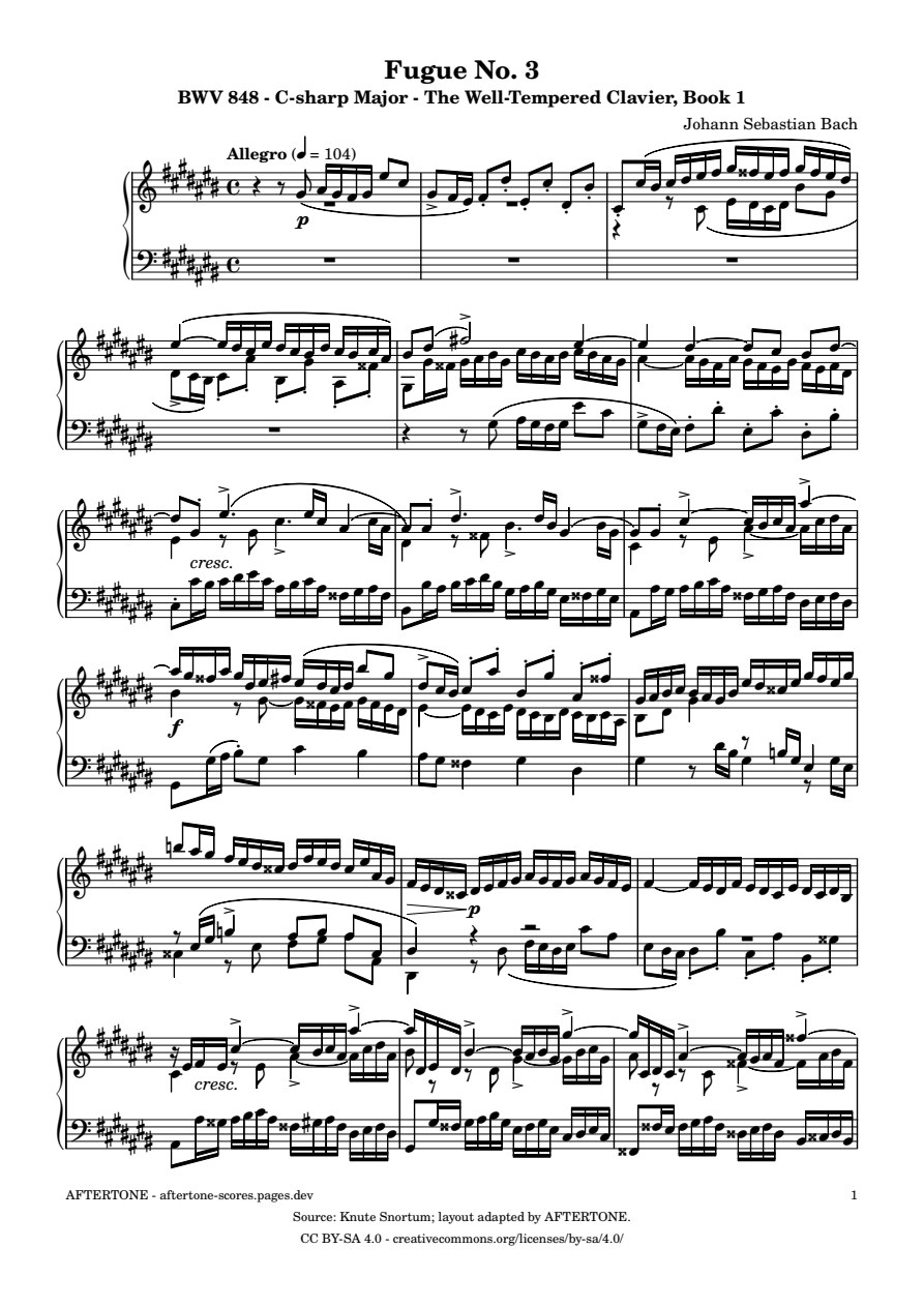Fugue No. 3 in C-sharp Major, BWV 848 piano sheet music, page 1