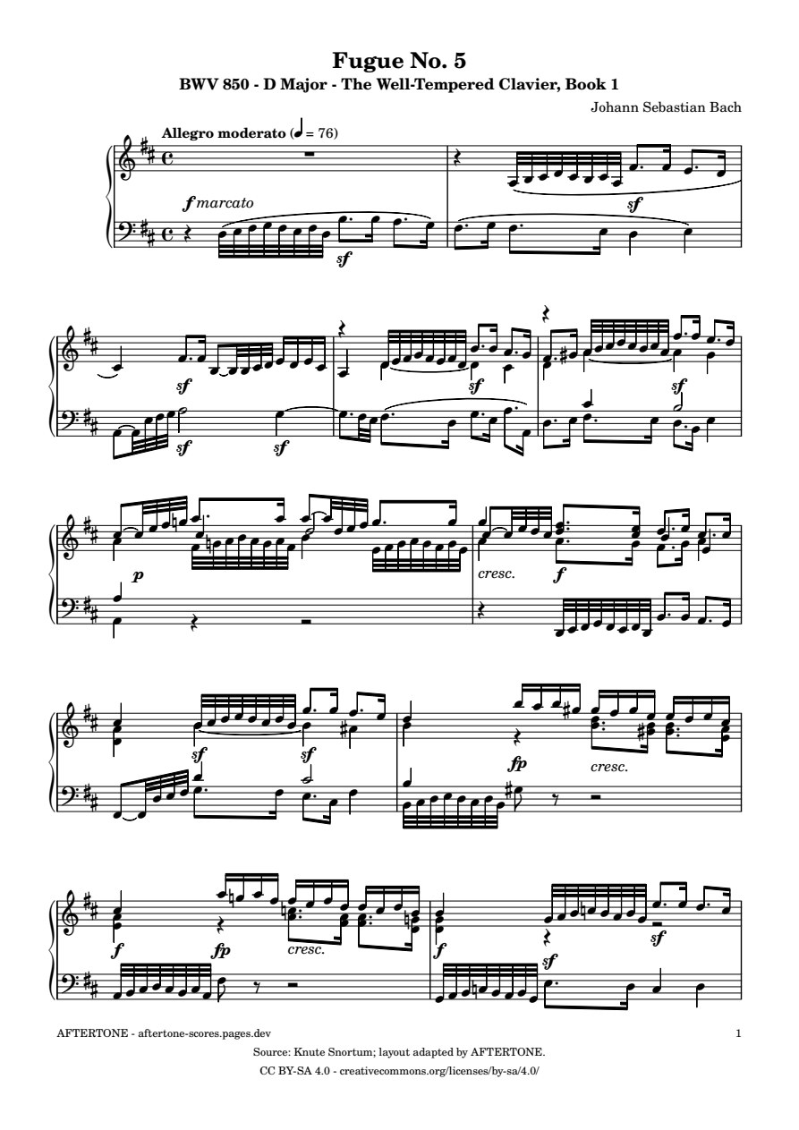 Fugue No. 5 in D Major, BWV 850 piano sheet music, page 1