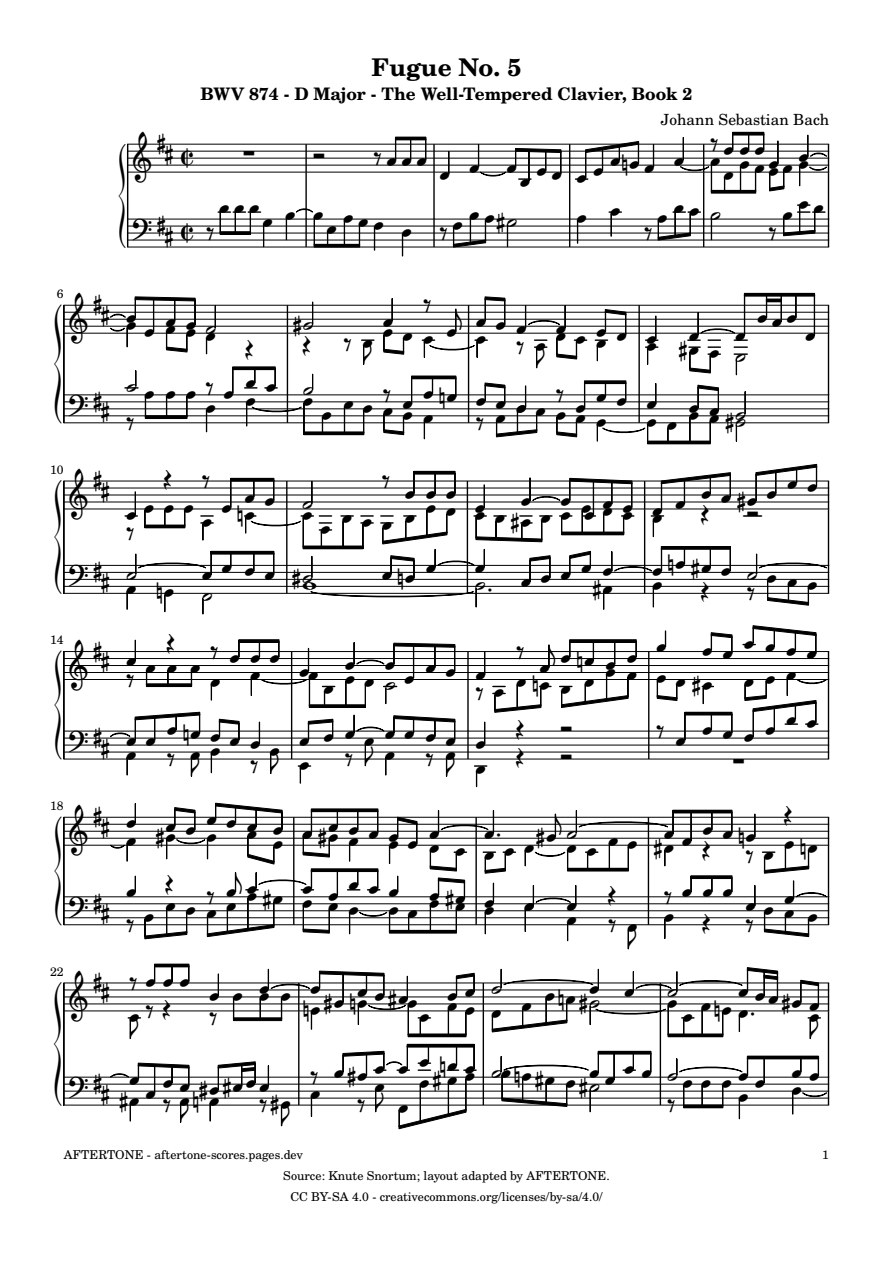 Fugue No. 5 in D Major, BWV 874 piano sheet music, page 1