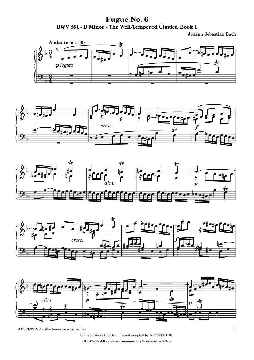 Fugue No. 6 in D Minor, BWV 851 piano sheet music, page 1