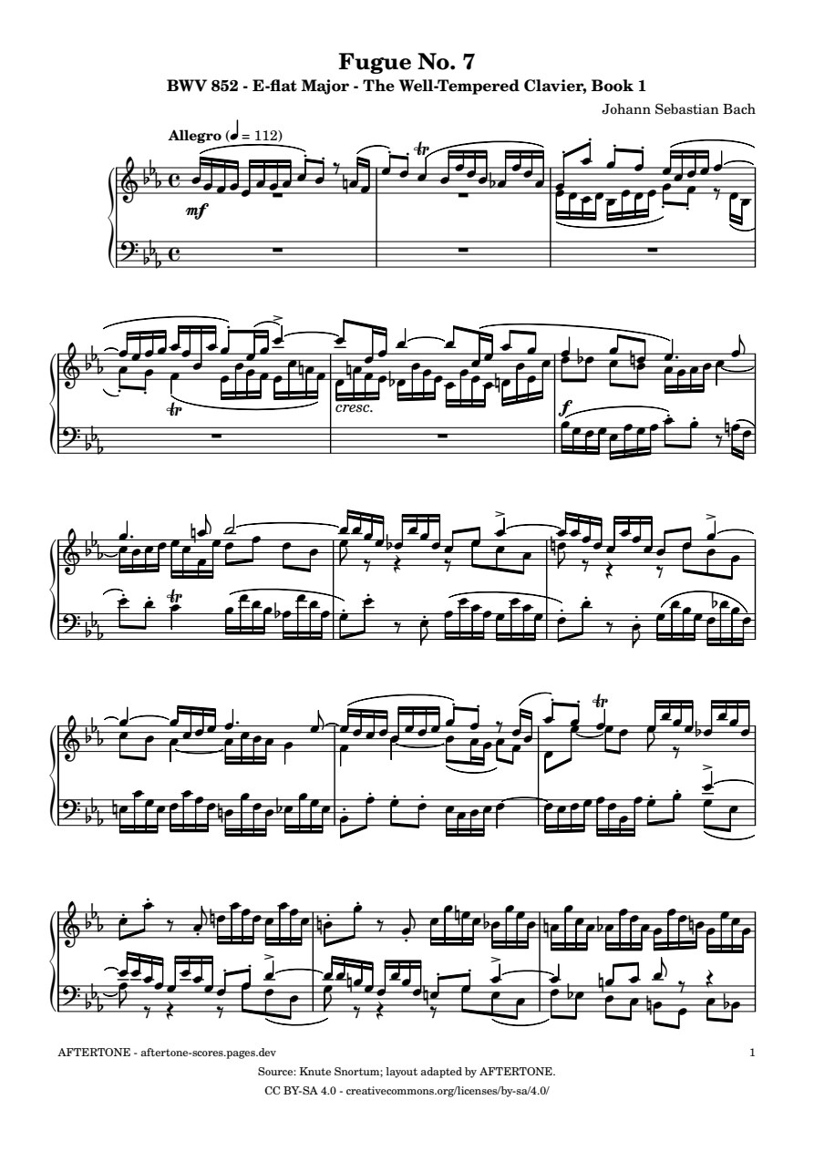 Fugue No. 7 in E-flat Major, BWV 852 piano sheet music, page 1