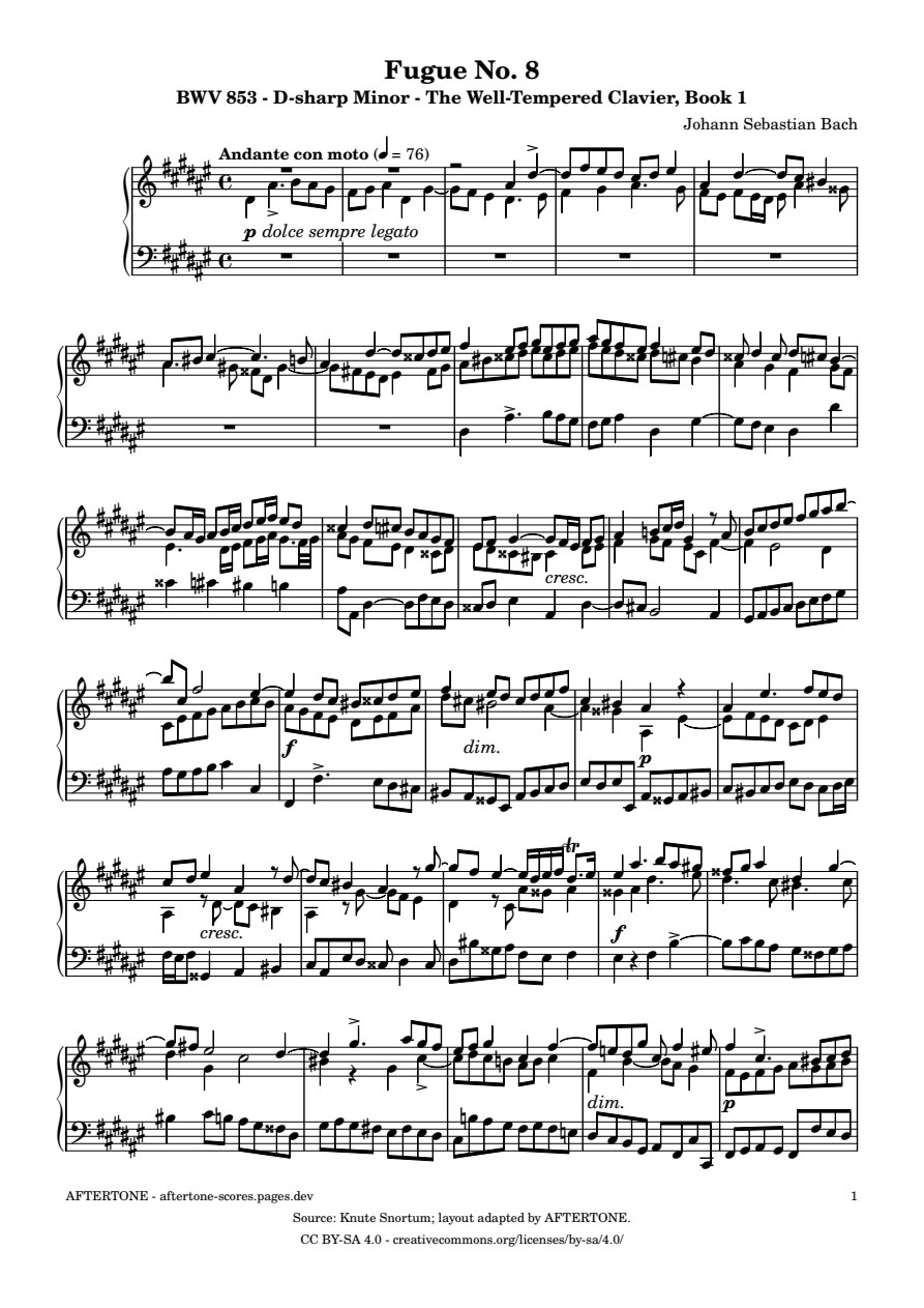 Fugue No. 8 in D-sharp Minor, BWV 853 piano sheet music, page 1