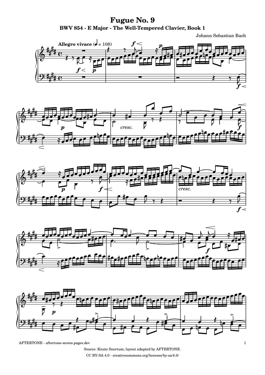 Fugue No. 9 in E Major, BWV 854 piano sheet music, page 1