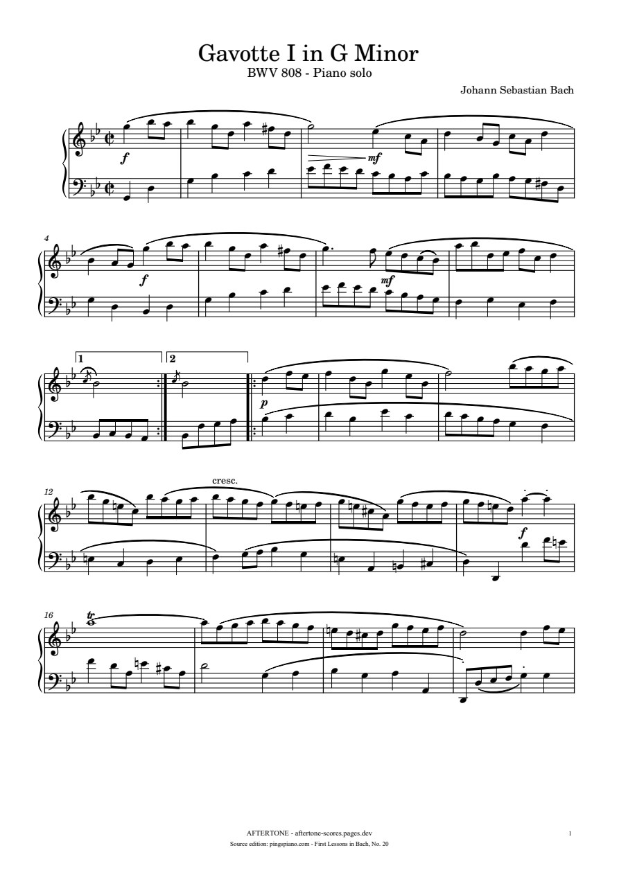 Gavotte I in G Minor, BWV 808 piano sheet music, page 1