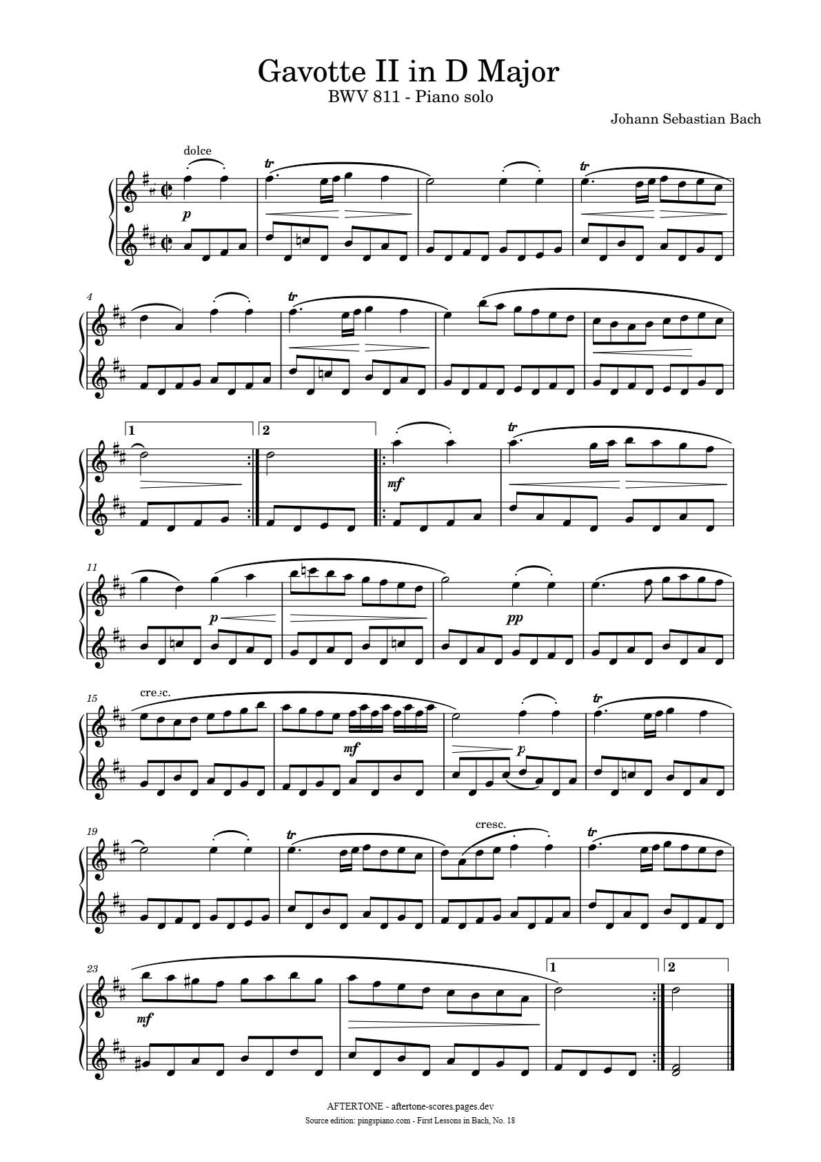 Gavotte II in D Major, BWV 811 piano sheet music, page 1