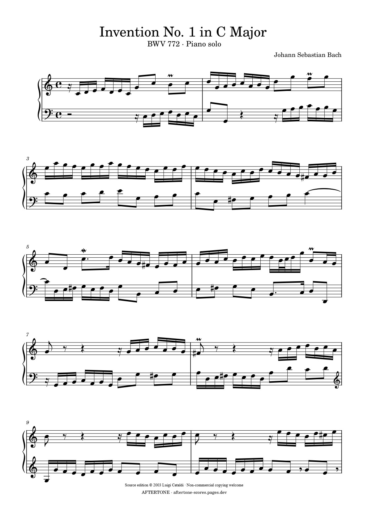 Invention No. 1 in C Major, BWV 772 piano sheet music, page 1