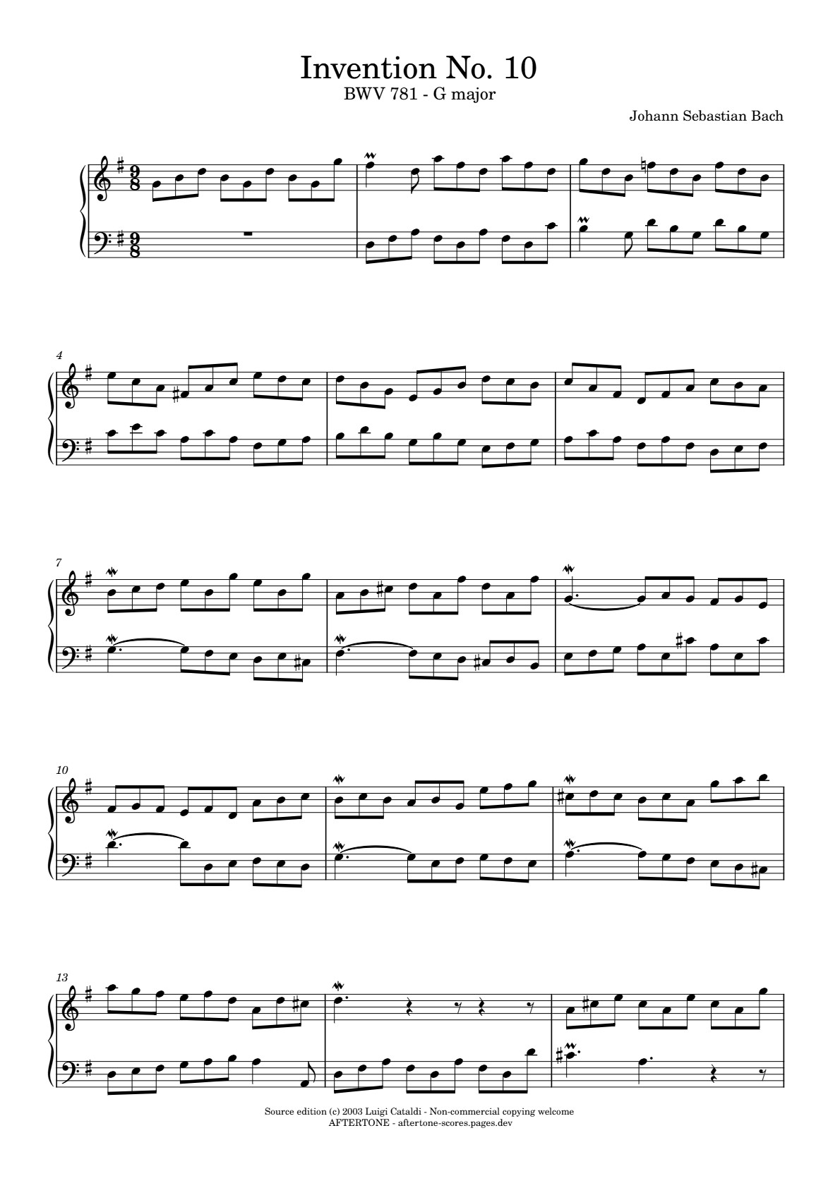 Invention No. 10 in G Major, BWV 781 piano sheet music, page 1