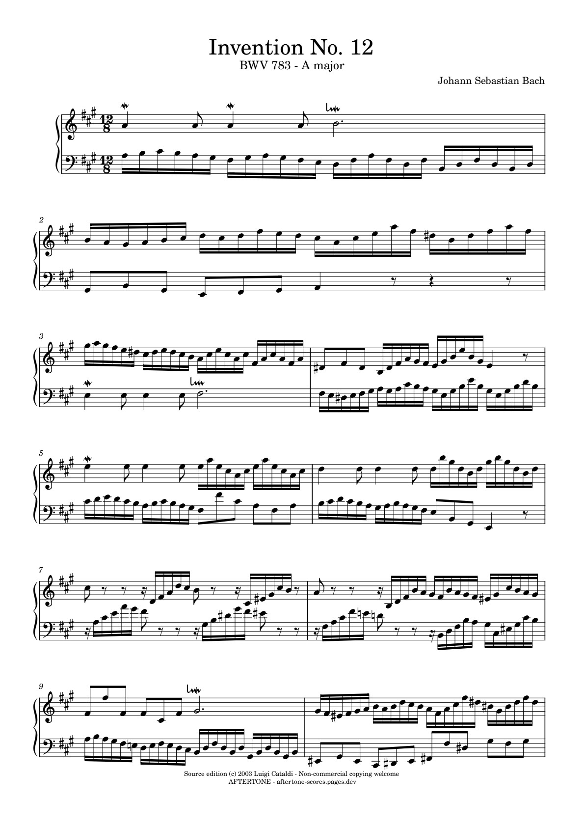 Invention No. 12 in A Major, BWV 783 piano sheet music, page 1