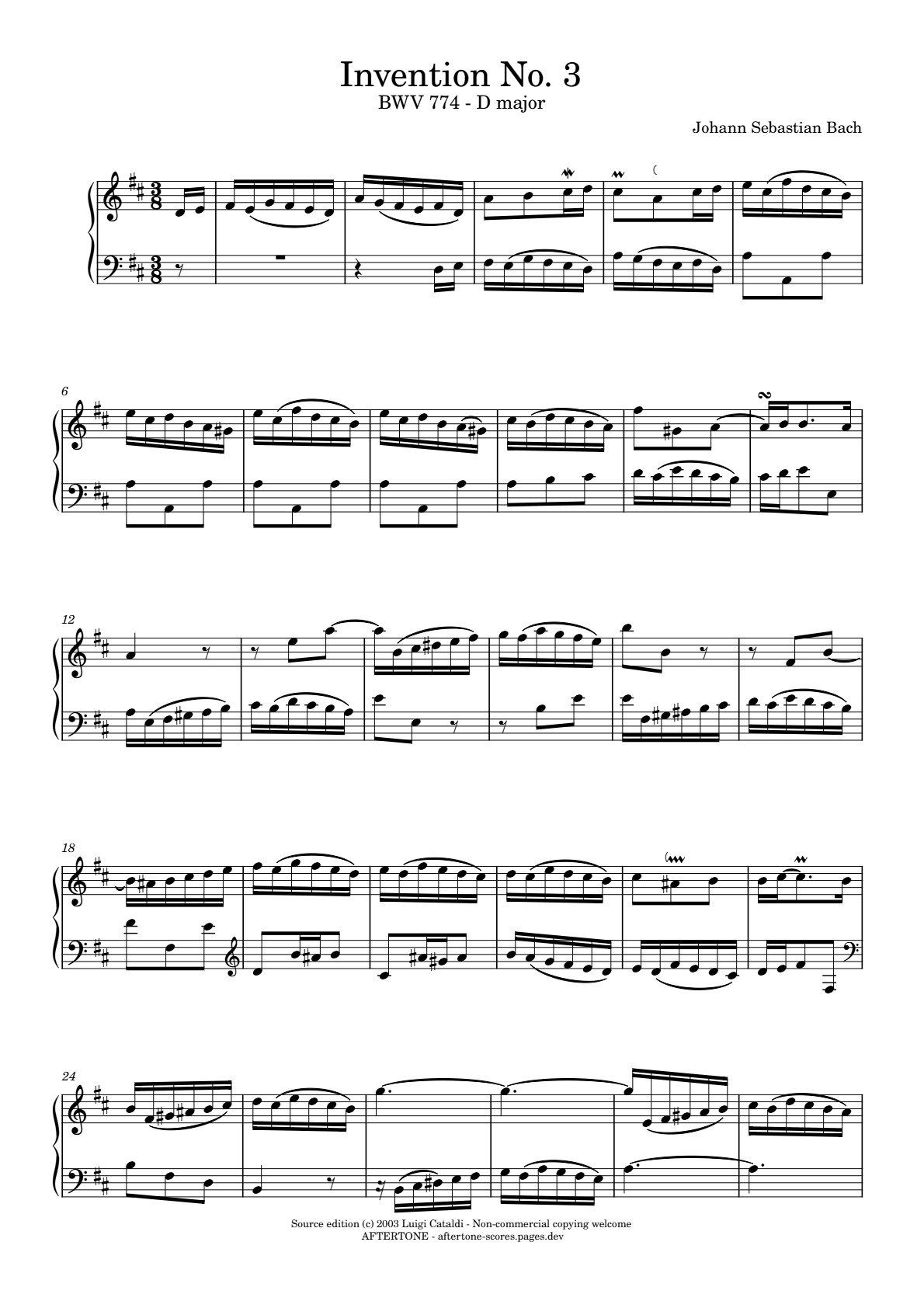 Invention No. 3 in D Major, BWV 774 piano sheet music, page 1