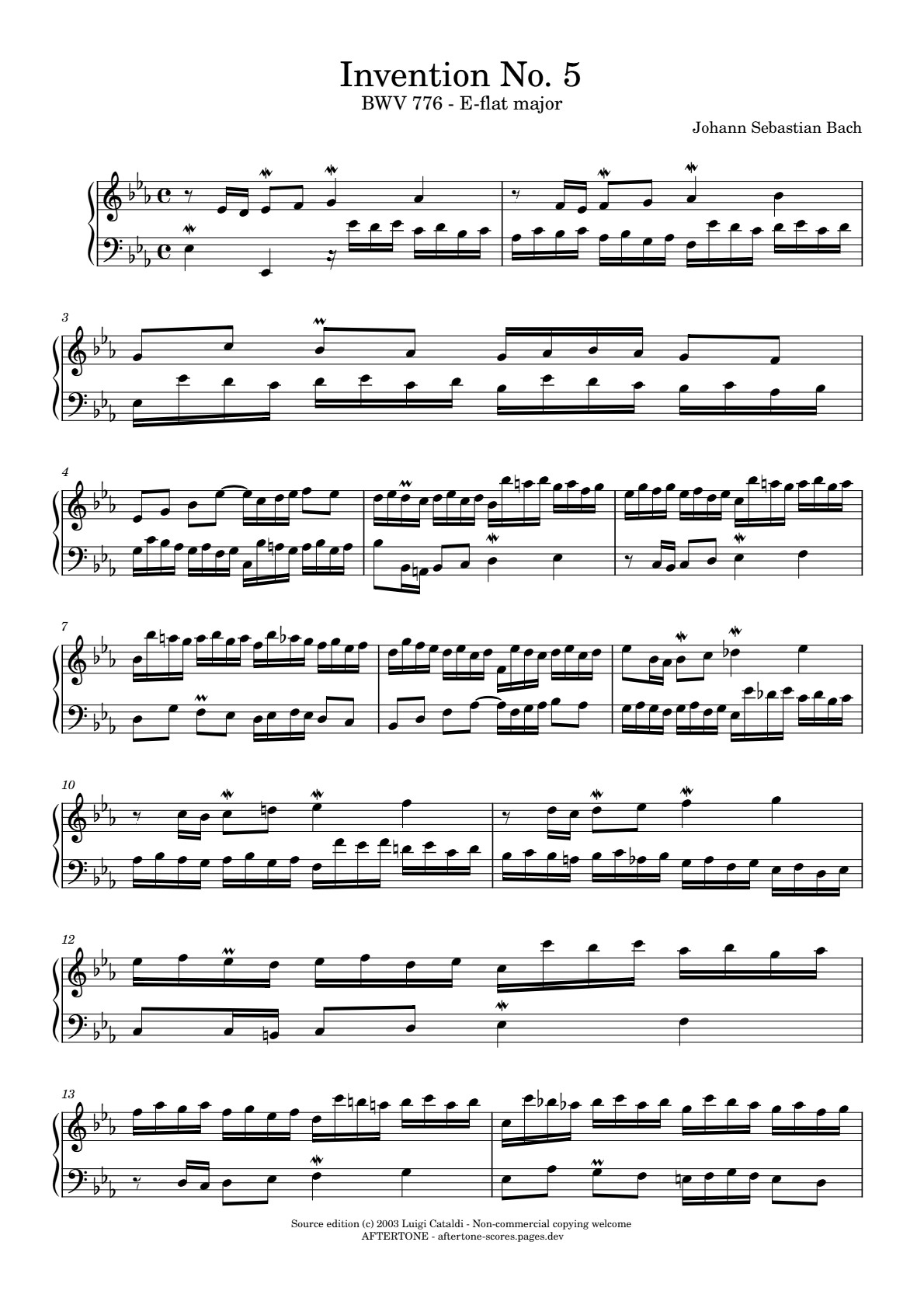Invention No. 5 in E-flat Major, BWV 776 piano sheet music, page 1