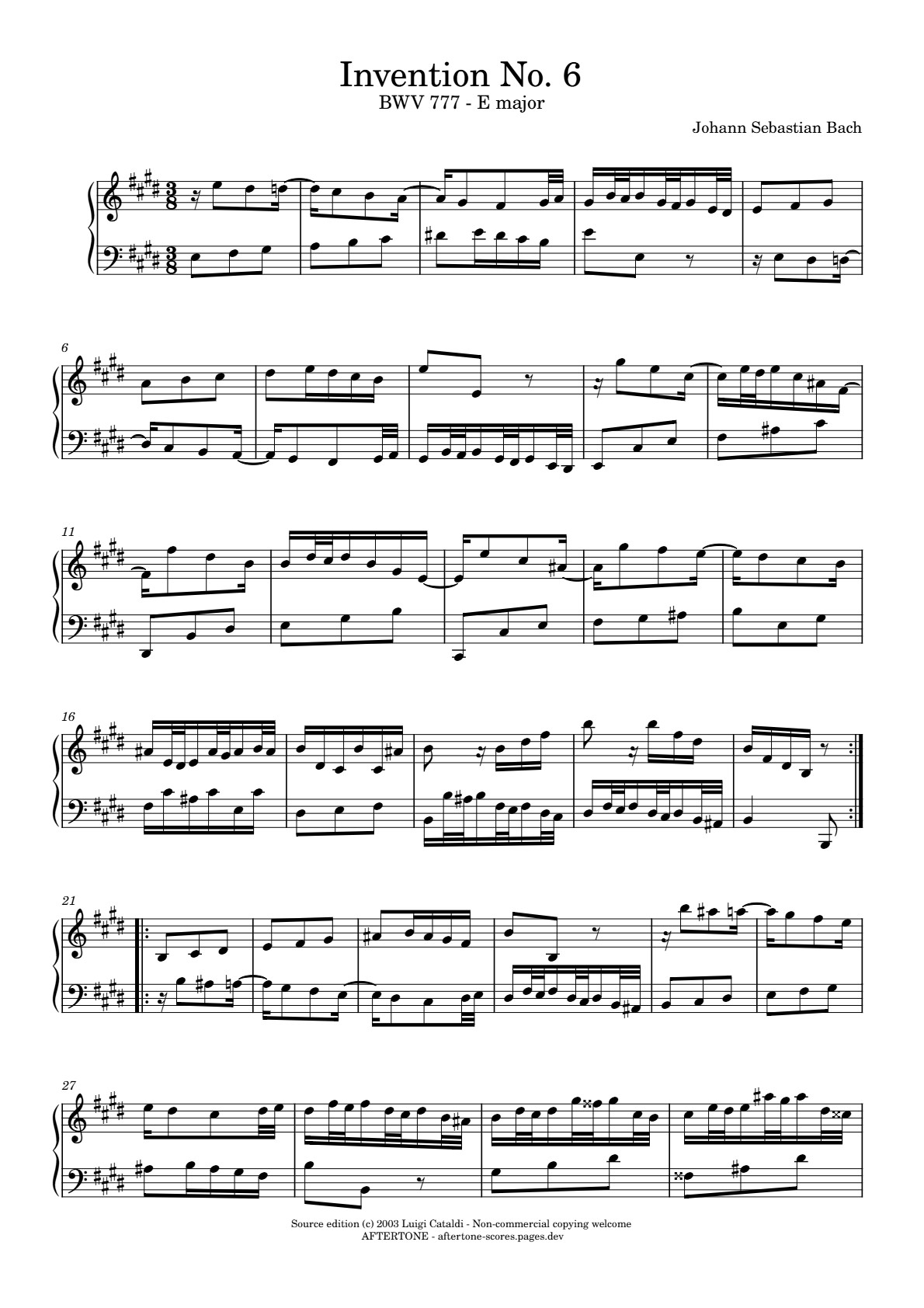 Invention No. 6 in E Major, BWV 777 piano sheet music, page 1