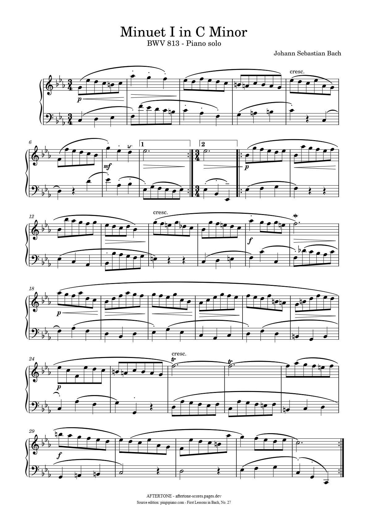 Minuet I in C Minor, BWV 813 piano sheet music, page 1