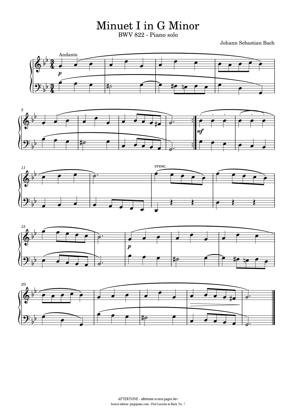 Minuet I in G Minor, BWV 822 piano sheet music, page 1