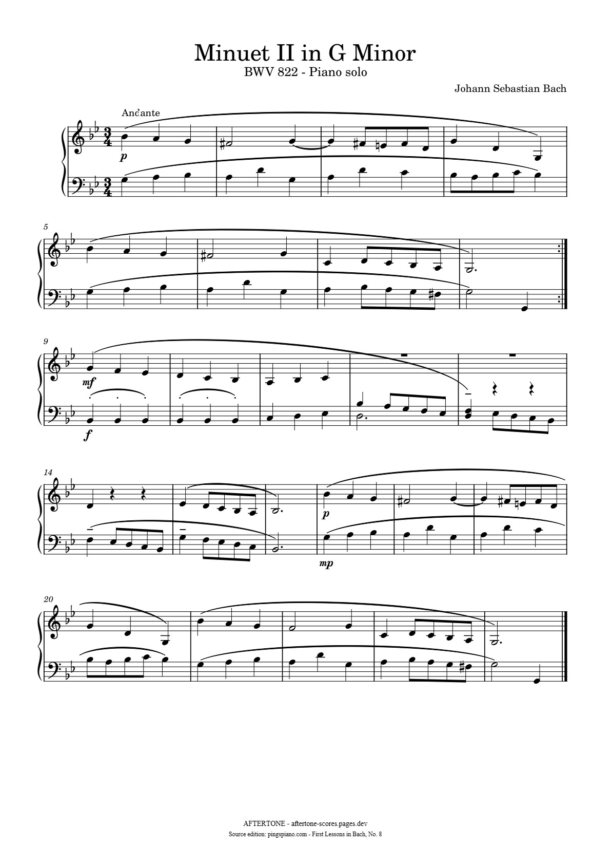 Minuet II in G Minor, BWV 822 piano sheet music, page 1