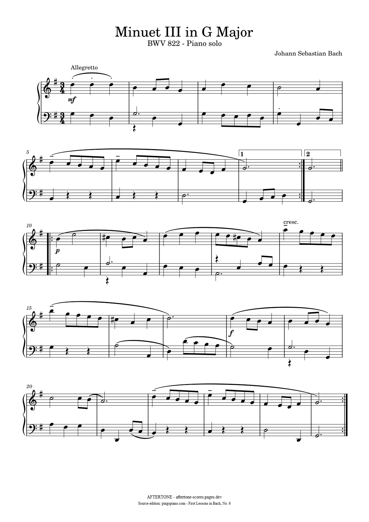 Minuet III in G Major, BWV 822 piano sheet music, page 1