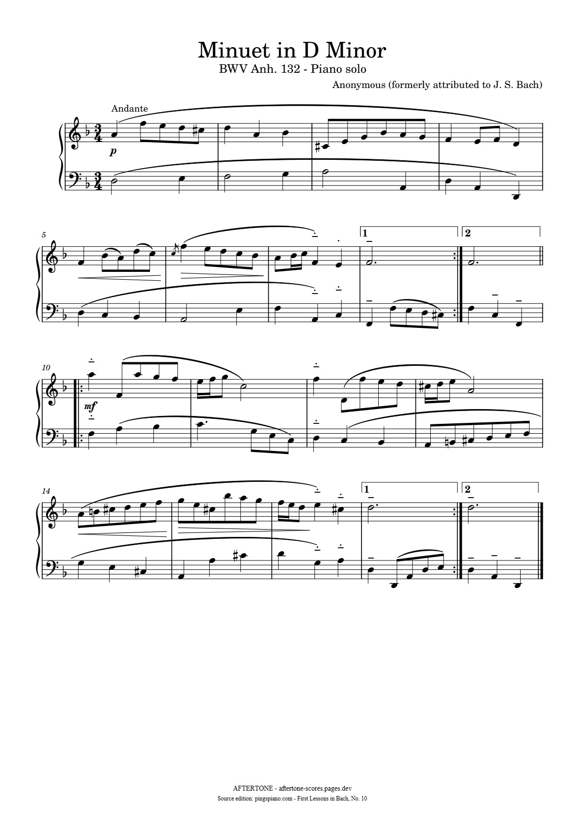 Minuet in D Minor, BWV Anh. 132 piano sheet music, page 1