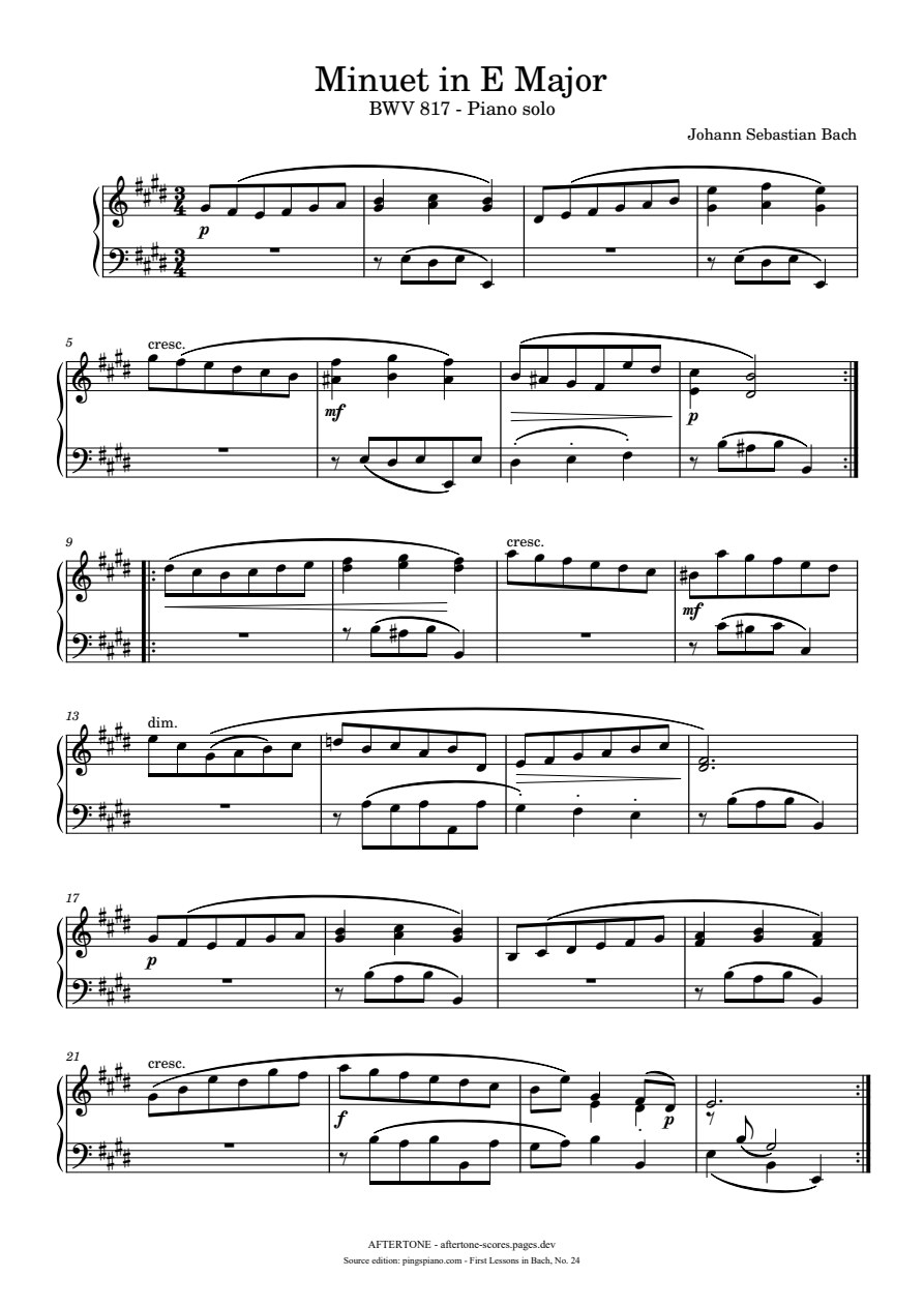 Minuet in E Major, BWV 817 piano sheet music, page 1