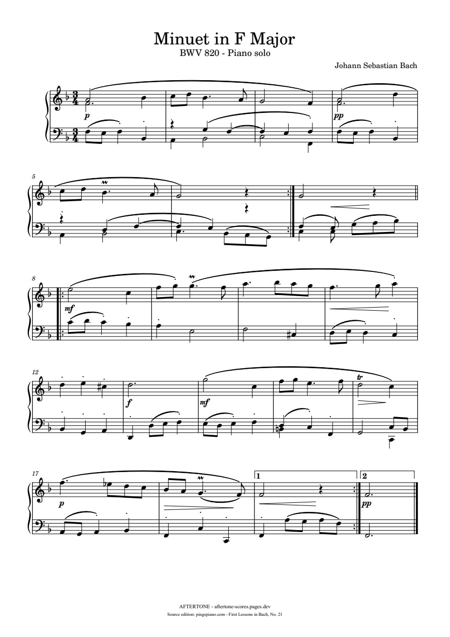 Minuet in F Major, BWV 820 piano sheet music, page 1