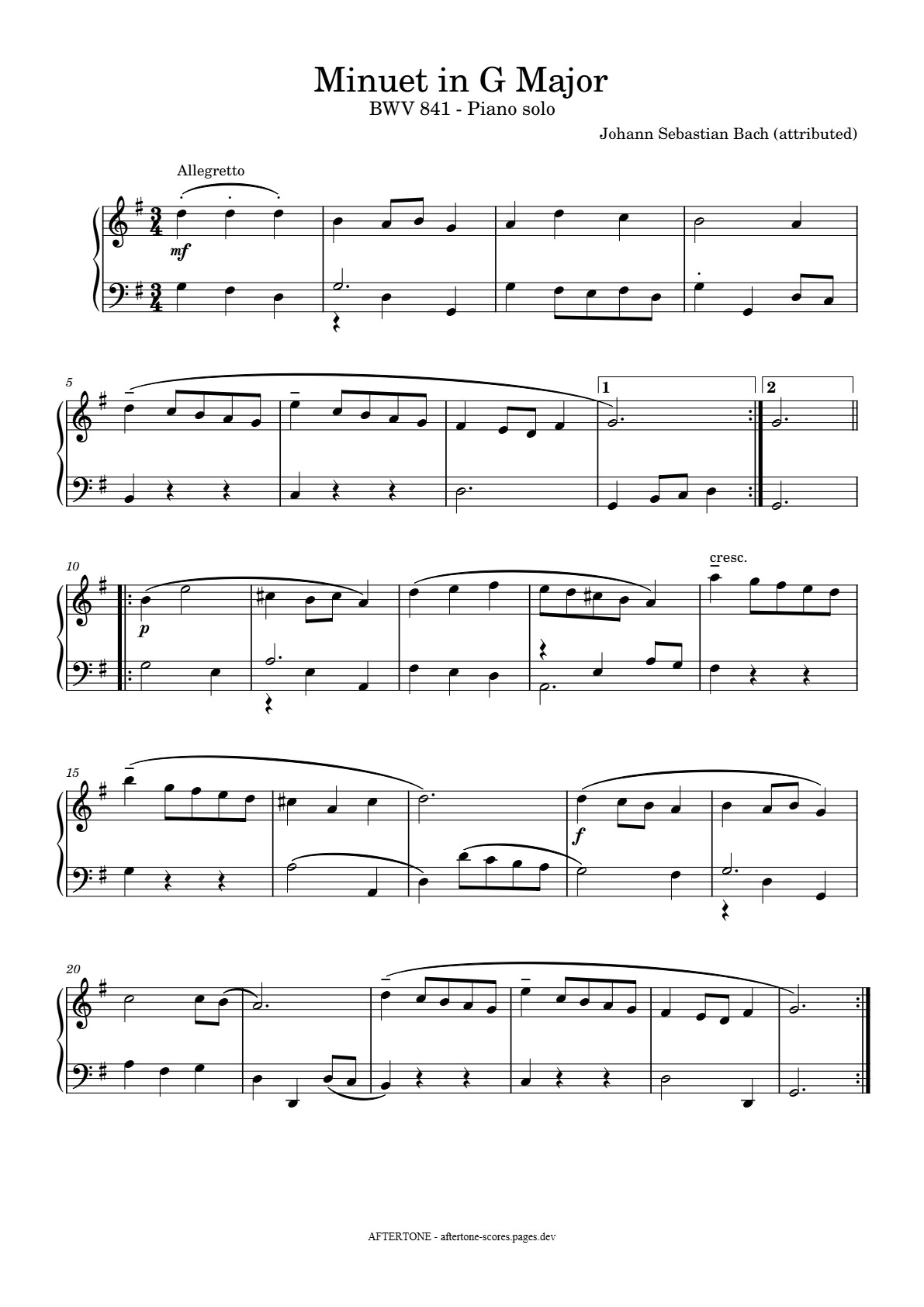 Minuet in G Major, BWV 841 piano sheet music, page 1