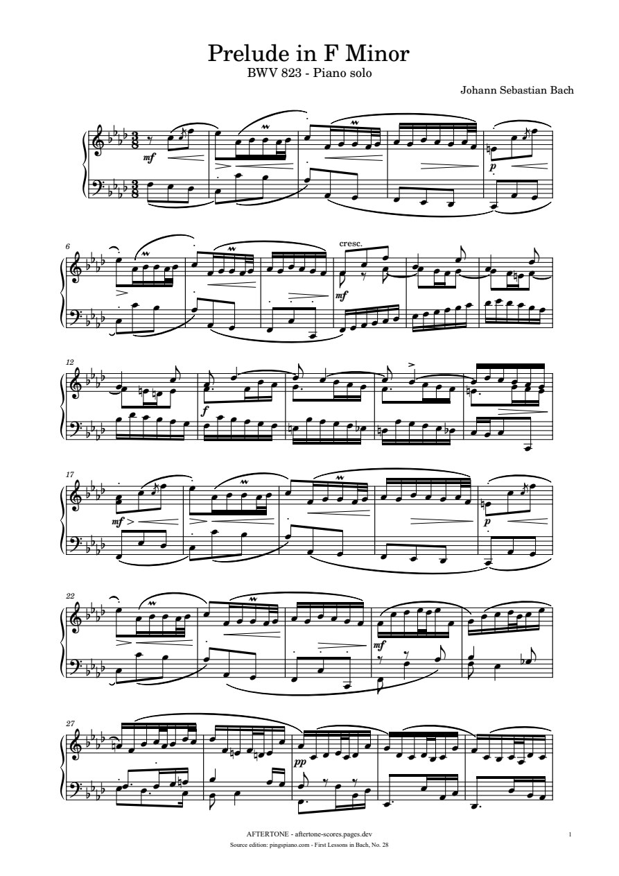 Prelude in F Minor, BWV 823 piano sheet music, page 1