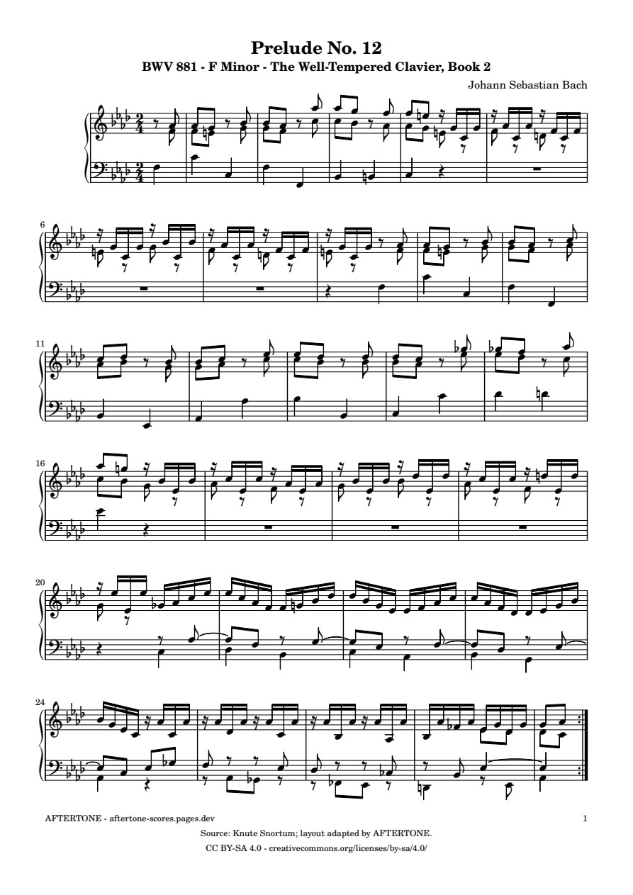 Prelude No. 12 in F Minor, BWV 881 piano sheet music, page 1
