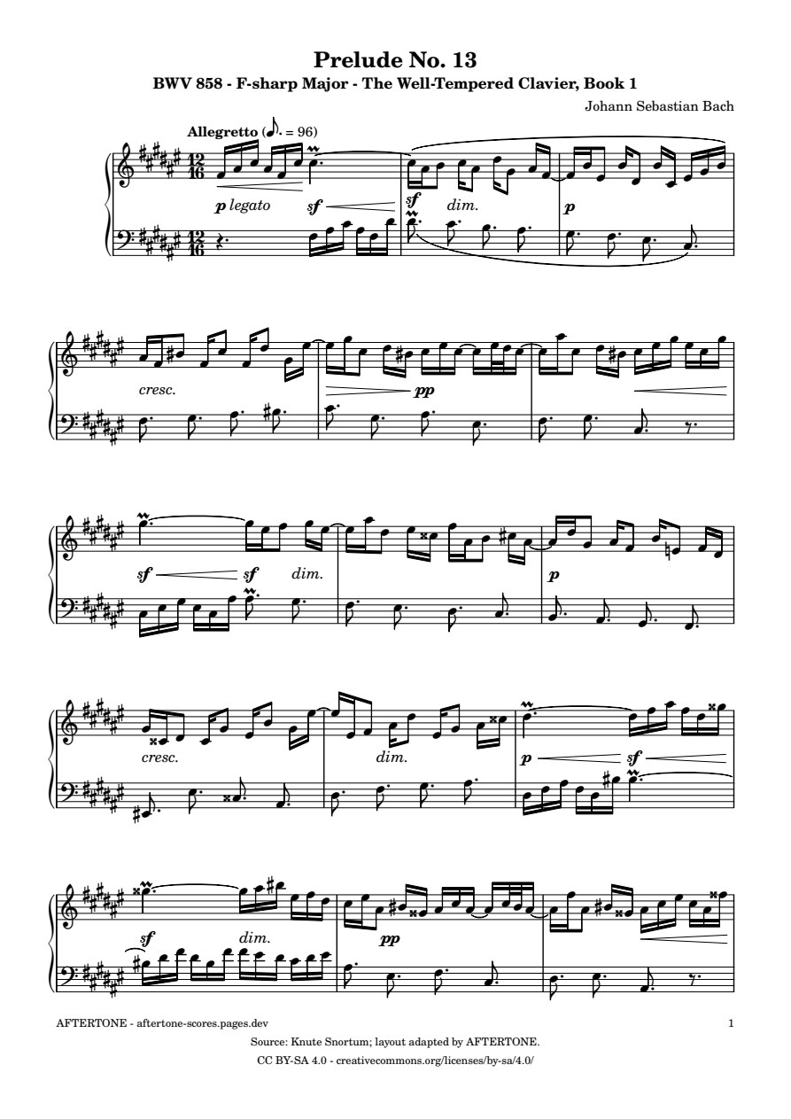 Prelude No. 13 in F-sharp Major, BWV 858 piano sheet music, page 1