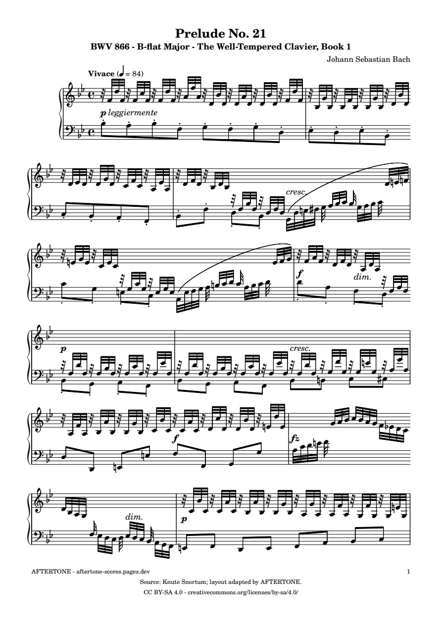 Prelude No. 21 in B-flat Major, BWV 866 piano sheet music, page 1