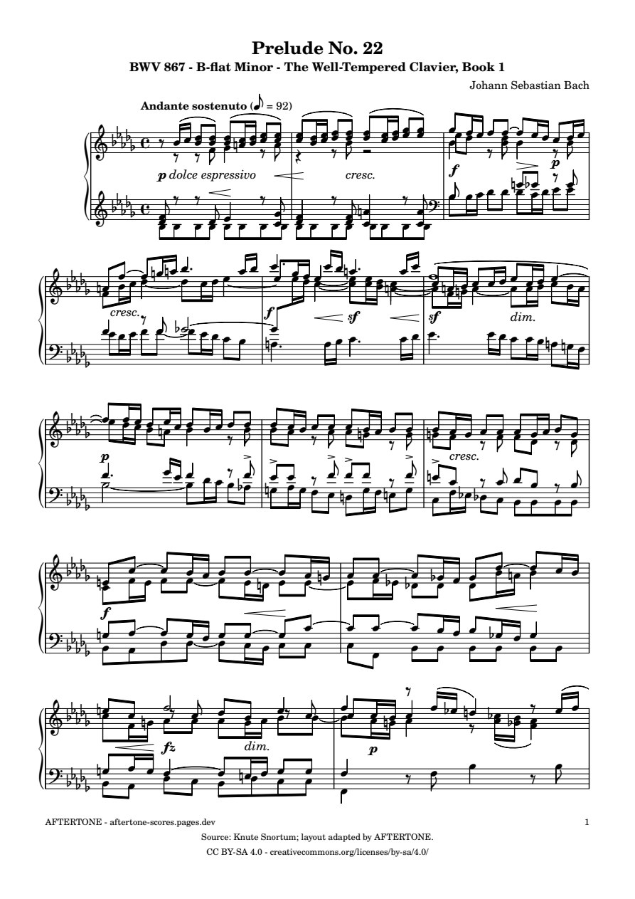 Prelude No. 22 in B-flat Minor, BWV 867 piano sheet music, page 1