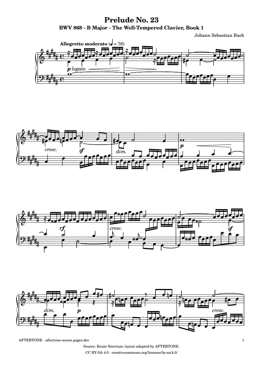Prelude No. 23 in B Major, BWV 868 piano sheet music, page 1