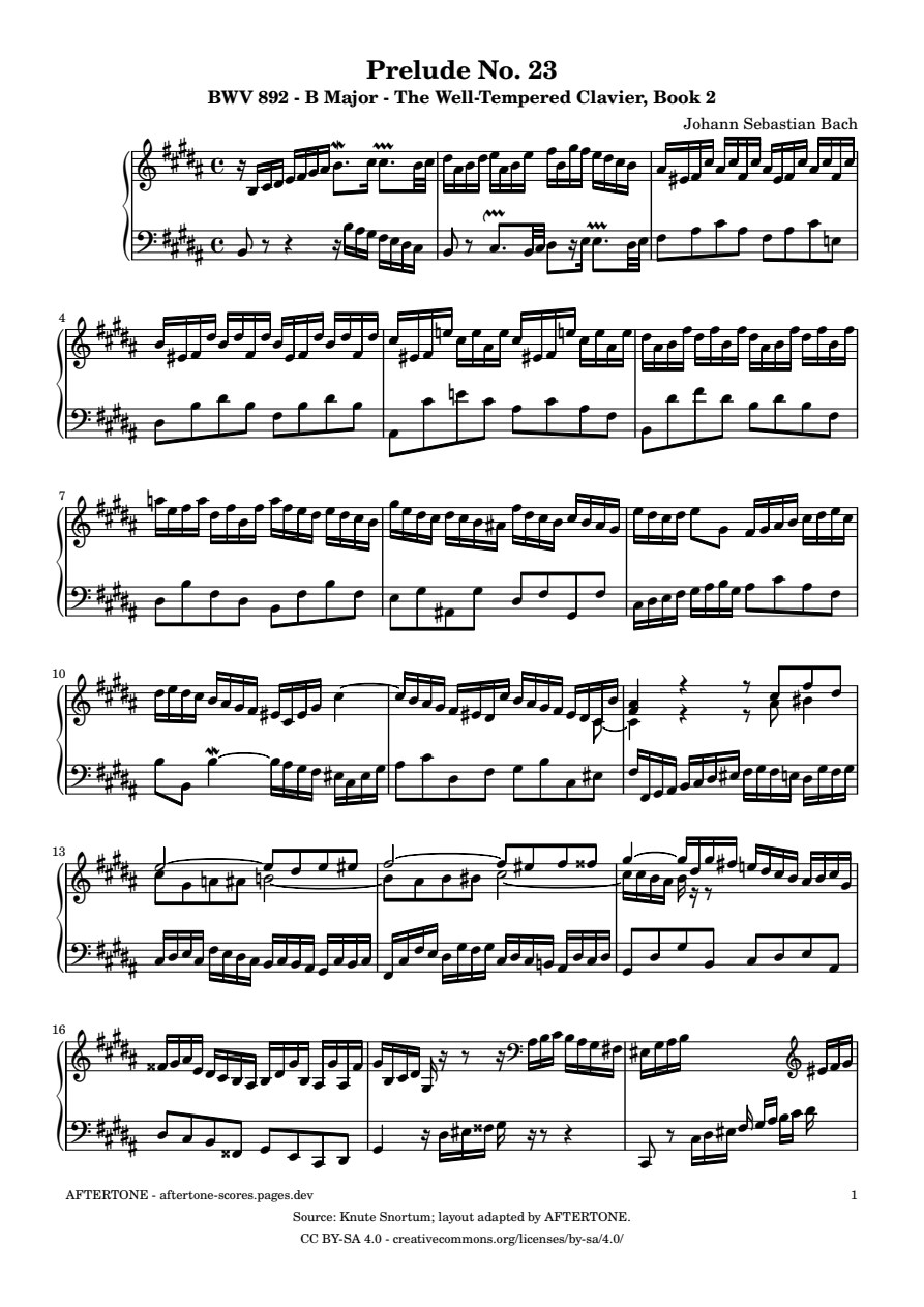 Prelude No. 23 in B Major, BWV 892 piano sheet music, page 1