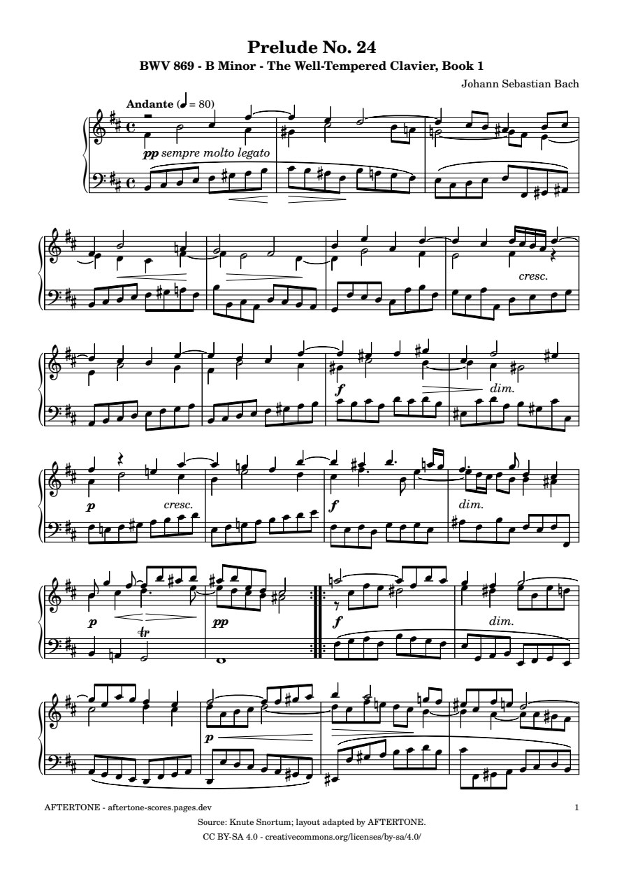 Prelude No. 24 in B Minor, BWV 869 piano sheet music, page 1