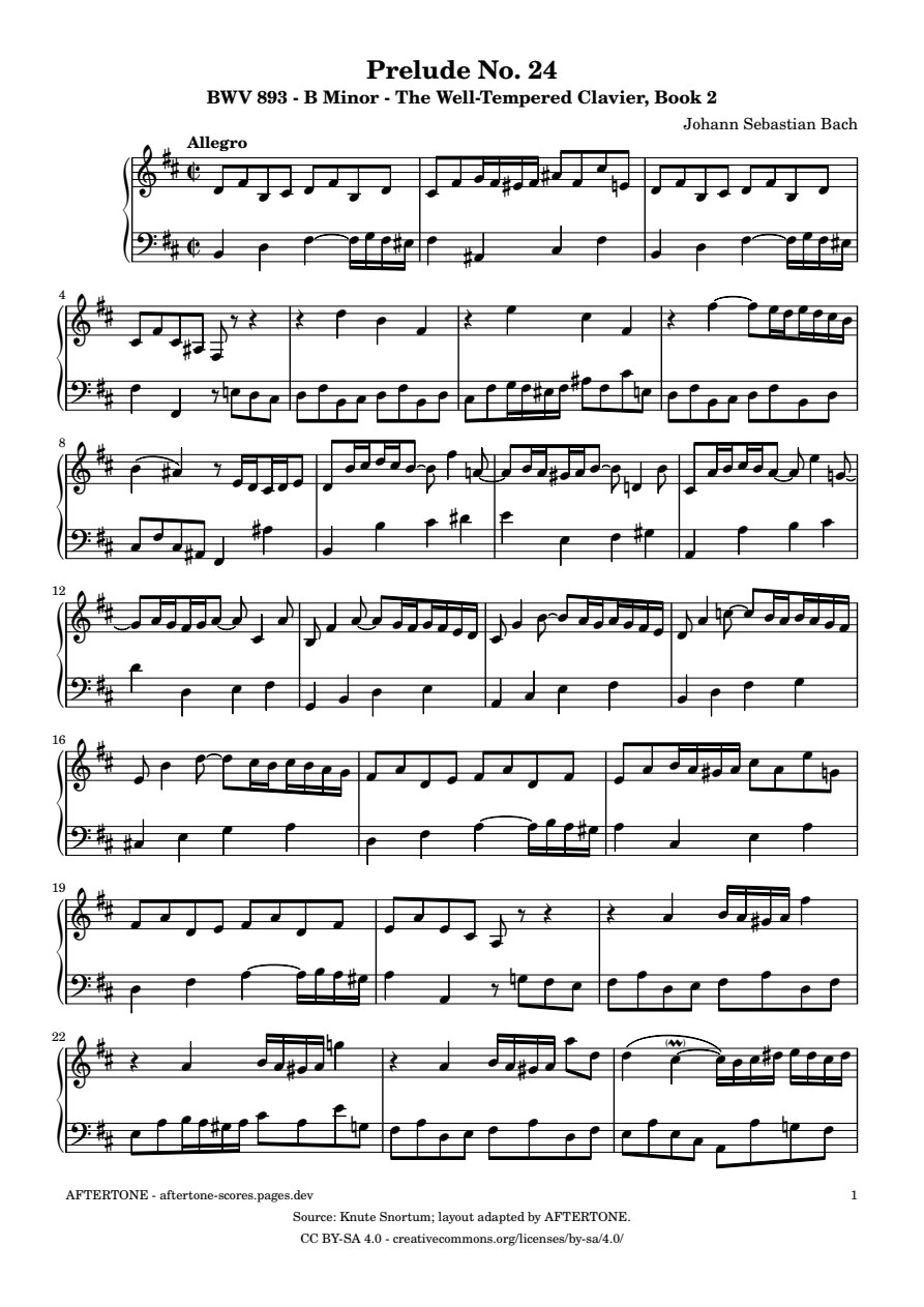 Prelude No. 24 in B Minor, BWV 893 piano sheet music, page 1