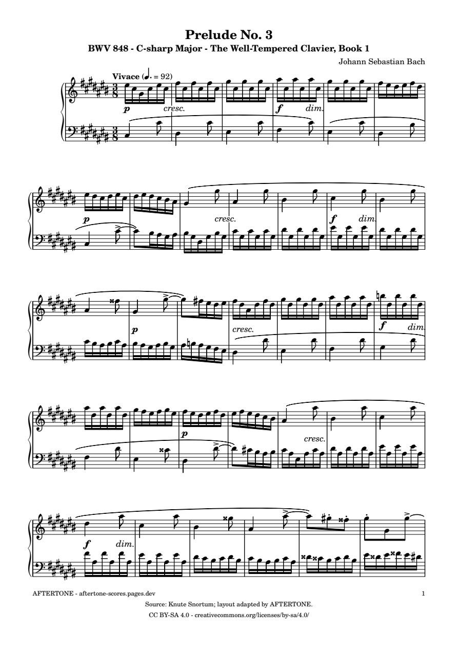 Prelude No. 3 in C-sharp Major, BWV 848 piano sheet music, page 1