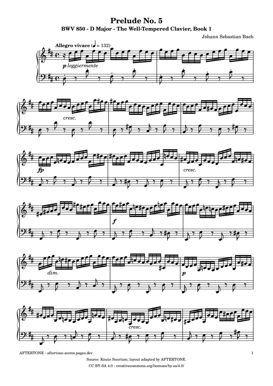 Prelude No. 5 in D Major, BWV 850 piano sheet music, page 1