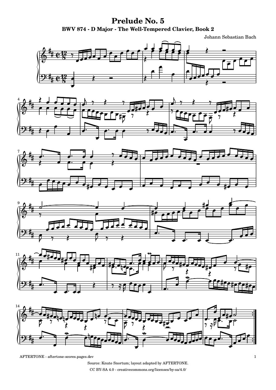 Prelude No. 5 in D Major, BWV 874 piano sheet music, page 1