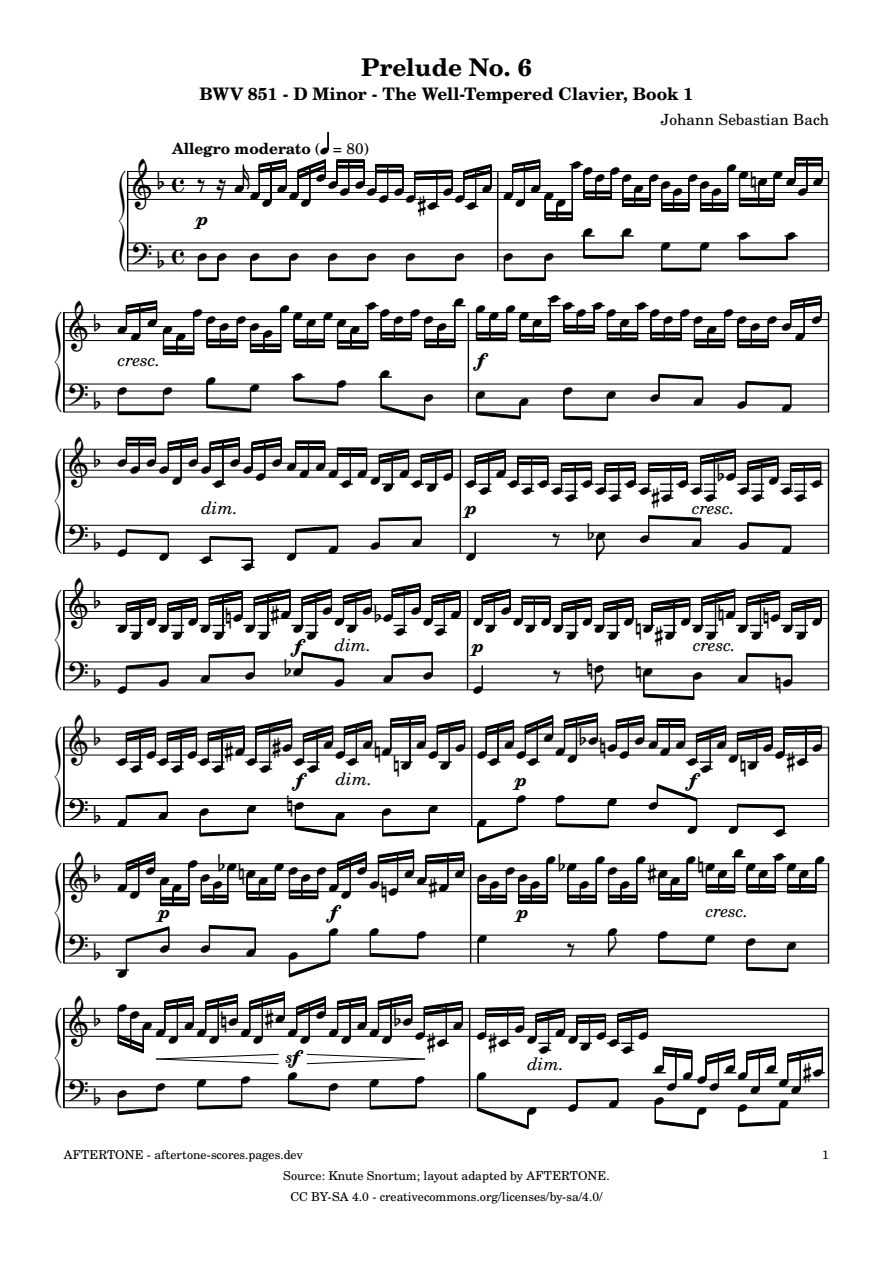 Prelude No. 6 in D Minor, BWV 851 piano sheet music, page 1