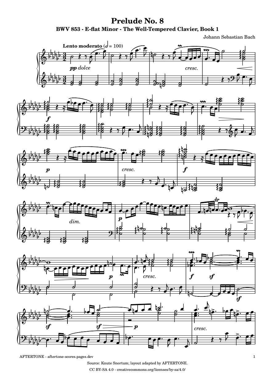 Prelude No. 8 in E-flat Minor, BWV 853 piano sheet music, page 1