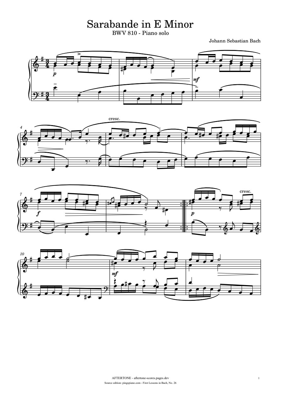 Sarabande in E Minor, BWV 810 piano sheet music, page 1