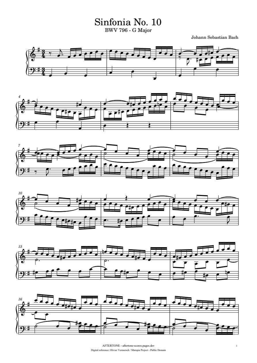 Sinfonia No. 10 in G Major, BWV 796 piano sheet music, page 1