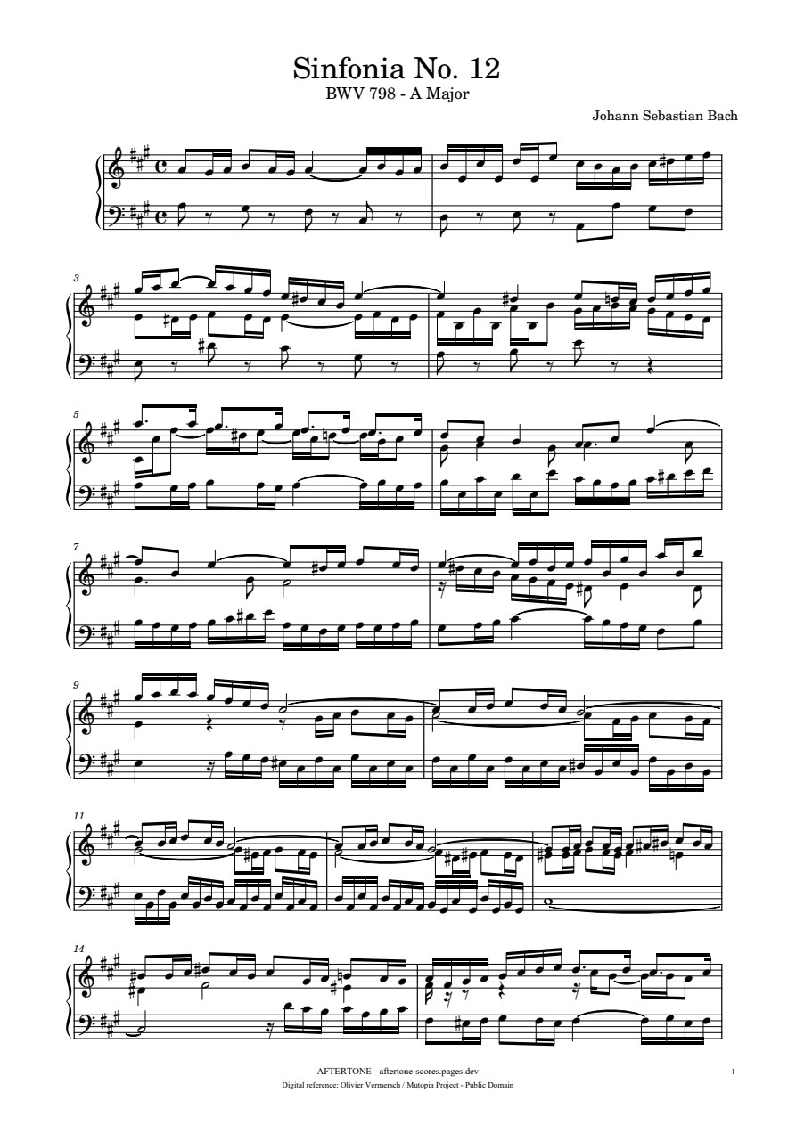 Sinfonia No. 12 in A Major, BWV 798 piano sheet music, page 1